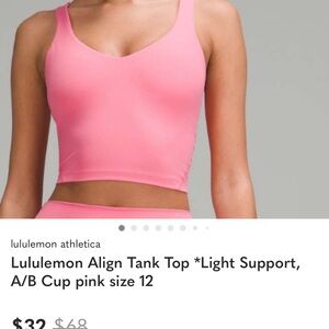 Lululemon Align Tank Top *Light Support, A/B Cup pink size 12